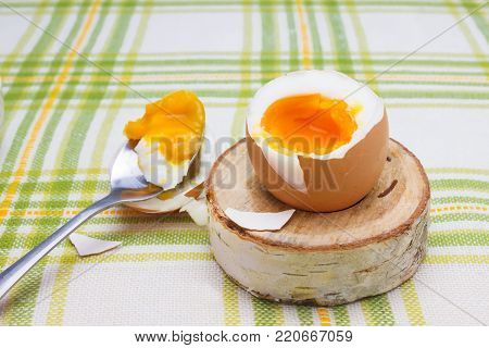 Boiled fresh smash broken egg for the breakfast on the wooden birch stand for eggs. Broken beige hen egg and pieces of shells, bright liquid orange yolk in the spoon. Messthetics aesthetic concept
