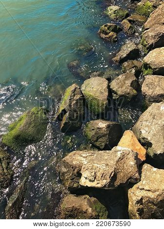 Beautiful view from cliff, at Sausalito, California, of Ocean and Sea Rocks