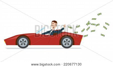 Businessman driving a red sports car and throwing money away.