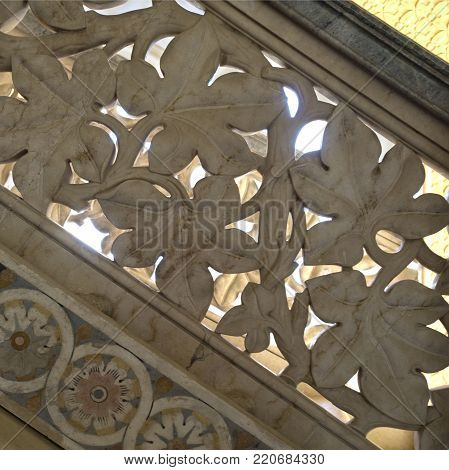 MONSERRATE, PORTUGAL - October 3, 2017: Vine leaf motif on the balustrade of the imposing staircase of the Monserrate Palace, an exotic palatial villa located near Sintra, Portugal