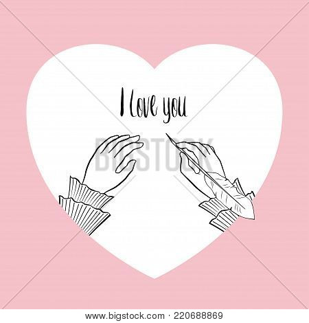 Square vintage romantic postcard valentines day. Elegant female hands in lace cuffs write with pen. Isolated sketch black on white background in circle, vector illustration