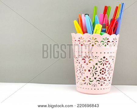 Colorful Holder Full Of Pen And Pencil Office Equipment For Eduation Or Business Still Life