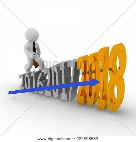 Small businessman on upswing stairs with a golden 2018, 3d rendering