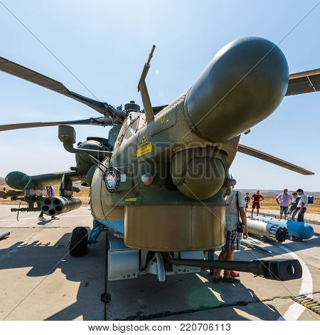 KADAMOVSKIY TRAINING GROUND, ROSTOV REGION, RUSSIA, 26 AUGUST 2017: International military technical forum «ARMY-2017». Attack helicopter 