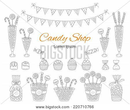 Vector illustration of candy shop with sweets, candies in glass jars, lollipops, sweetmeats, assorted chocolates, cupcakes and bunting flags. Hand drawn doodle illustration.