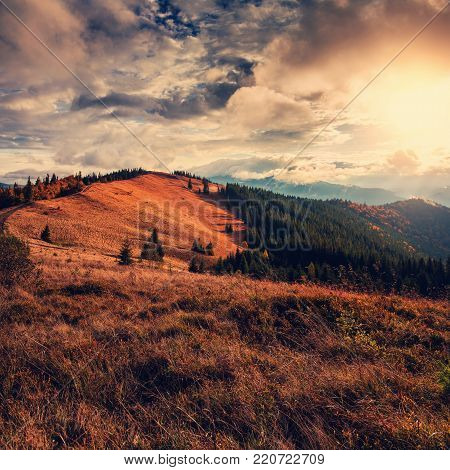 majestic sunset. Mountain valley during sunrise. Natural evening summer landscape. overcast clouds glowing in sunlight. Picturesque dramatic scene. instagram filter