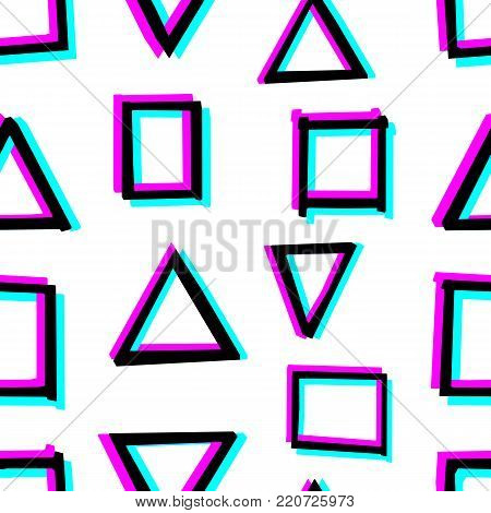 Seamless decorative pattern with hand drawn geometry shapes. Simple illustration with 3d stereoscopic effect