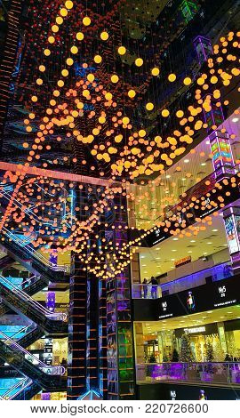 MOSCOW, RUSSIA, DECEMBER 17, 2017: Futuristic design of the atrium in the shopping center European or Evropeisky in the city centre