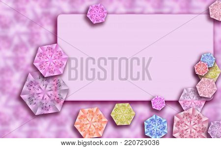 Pale pink mock up with text box. Border is decorated with creative floral sexangles of different colours. Template for postcards, scrapbooks, posters, flyers, booklets, greeting cards