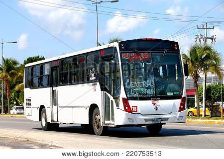 Cancun, Mexico - May 16, 2017: Suburban bus Beccar Urviabus at the interurban road.