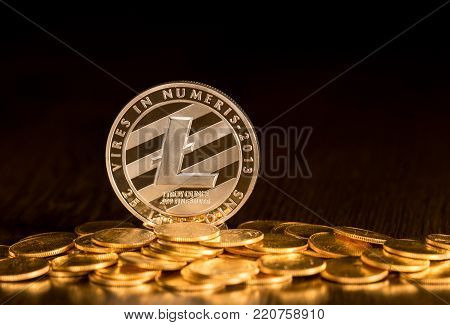 Single Litecoin coin on top of small gold coins to illustrate cybercurrency or blockchain