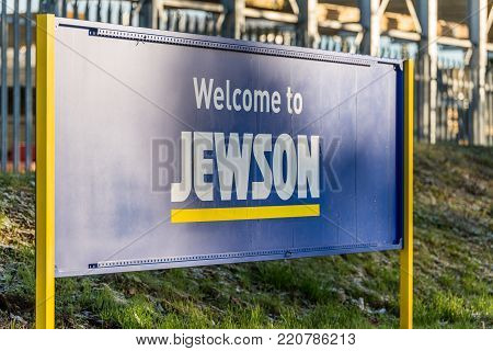 Northampton UK December 09, 2017: Jewson Builders Merchant logo sign in Brackmills Industrial Estate.