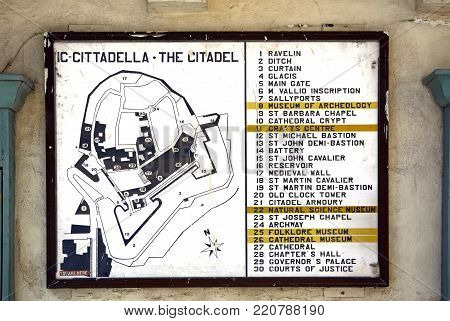 VICTORIA, GOZO, MALTA - APRIL 3, 2017 - Citadel plan sign on a wall within the citadel, Victoria (Rabat), Gozo, Malta, Europe, April 3, 2017.