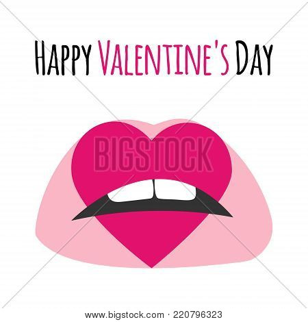 Pink Lips With Print Of Heart. Happy Valentine's Day Lettering Text Card, Background, Banner. Pink K