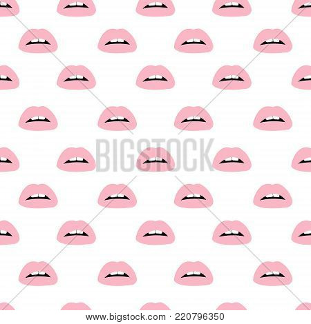 Cosmetics And Makeup Seamless Pattern. Closeup Beautiful Lips Of Woman With Red Lipstick On Black Ba