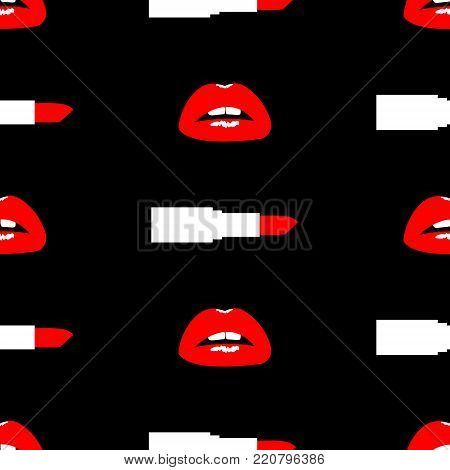 Cosmetics And Makeup Seamless Pattern. Closeup Beautiful Lips Of Woman With Red Lipstick On Black Ba