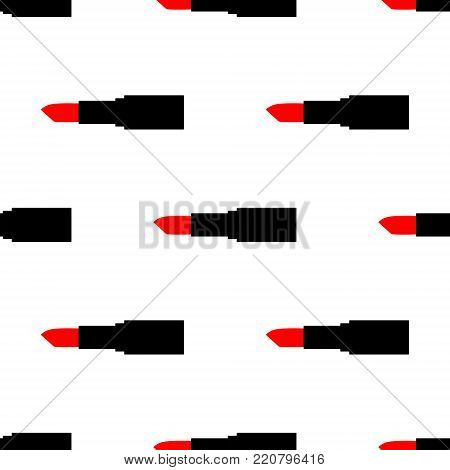Cosmetics And Makeup Seamless Pattern. Closeup Beautiful Lips Of Woman With Red Lipstick On Black Ba