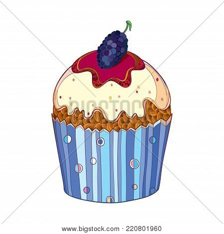 Vector outline cupcake with Mulberry or Morus ripe berry isolated on white background. Drawing of cake with mulberry in contour for summer, sweet food design menu or bakery.