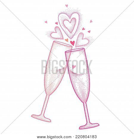 Vector illustration with two dotted toasting champagne glass with heart in pink isolated on white background. Champaign glass and hearts in dotwork style for restaurant and Valentines design.