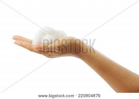 Female's hand with white foam isolated on white background, clipping path.