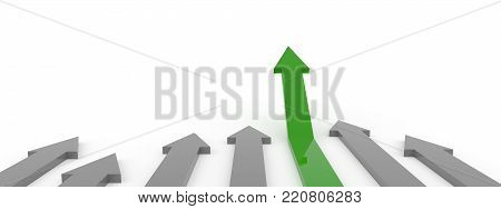 Green rising arrow on a white background, upswing concept, 3d rendering