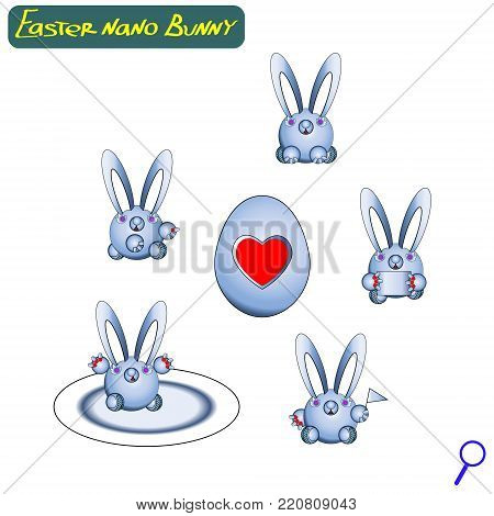 Vector Easter. Cute nano rabbits robotic assistants. Iron egg with a heart. A set of hares robots.