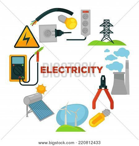 Electrician with toolkit surrounded with electricity sources and tools. Wind generators, bright bulbs, tall tower, plant pipes, solar battery, small voltmeter and power sockets vector illustrations.