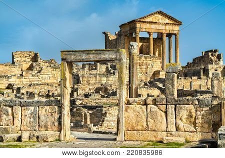 The Roman Capitol at Dougga. A UNESCO heritage site in Tunisia, North Africa