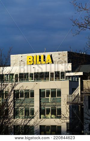 Prague, Czech Republic - January 6: Billa Company Logo In Front Of Supermarket From German Rewe Grou