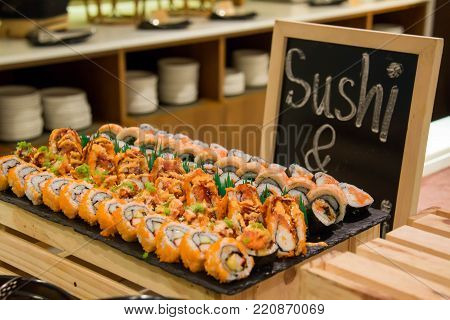 Tasty yummy suchi rolls ready to eat