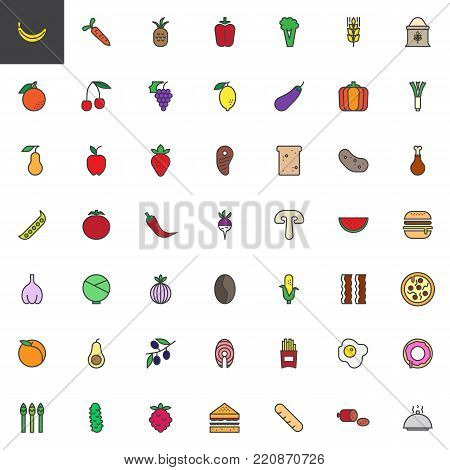 Food filled outline icons set, line vector symbol collection, linear colorful pictogram pack. Signs, logo illustration, Set includes icons as vegetable, fruit, bread, berry, mushroom, flour, hamburger