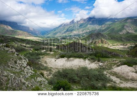 Panoramic view of Baksan gorge in the Caucasus mountains in Kabardino-Balkaria, Russia