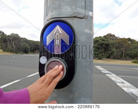child pressing  button to cross the road