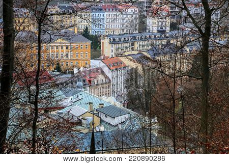 Cityscape of Karlovy Vary (Karlsbad) from the hill , Famous Spa in the late autumn time, Czech Republic