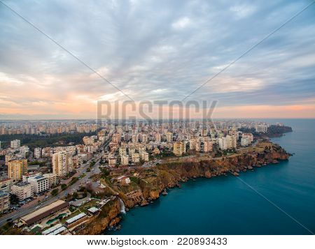 Aerial photo of Duden waterfall in Antalya