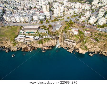 Aerial photo of Duden waterfall in Antalya