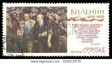 USSR - circa 1970: Stamp printed by USSR, Color edition on Centenary of Lenin, shows Painting Lenin on May Day by Brodsky, circa 1970
