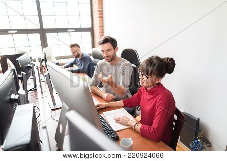 Developing programming and coding technologies. Website design. Programmer working in a software develop company office.