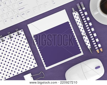 3d render of top view with ultra violet swatch card and stationery lying on wooden desk. Color of the year 2018.