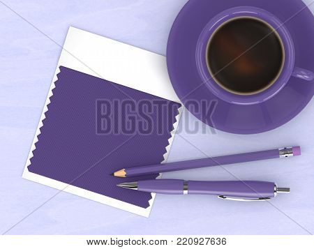 3d render of top view with ultra violet swatch card and stationery lying on wooden desk. Color of the year 2018.