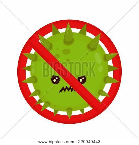 Angry bacterium in prohibition sign. Evil bad fly germ virus infection,micro bacteria.Vector modern flat style cartoon character illustration.Isolated on white background.Microbe, Pathogen