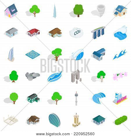 Town element icons set. Isometric style of 36 town element vector icons for web isolated on white background