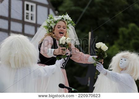 ST. PETERSBURG, RUSSIA - JULY 19, 2017: Micaela di Catalano as Agathe in the opera The Marksman of C. M. von Weber outdoors during the festival All Together Opera. It was third of 4 performances