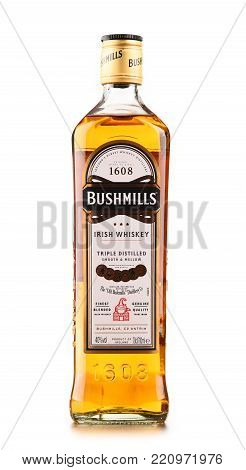Poznan, Poland - Dec 15, 2017: Bottle Of Bushmills Original Irish Whiskey, Product Of  Old Bushmills