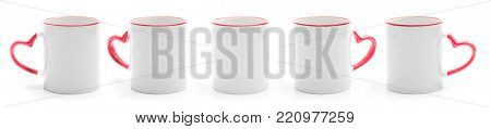 Set of different views of white cup with red handle in heart shape isiolated on a white background