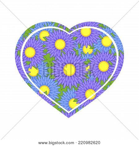 Colorful isolated silhouette of heart on white background. With a romantic pattern of blue and purple flowers. Simple flat vector illustration.