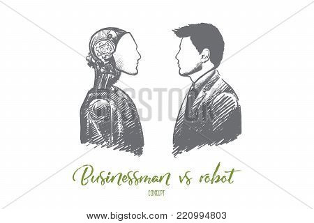 Businessman vs robot concept. Hand drawn modern technologies replace real persons. Robotics industry isolated vector illustration.