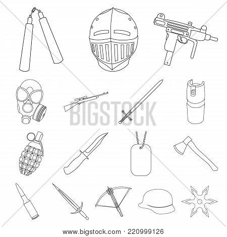 Types of weapons outline icons in set collection for design.Firearms and bladed weapons vector symbol stock  illustration.