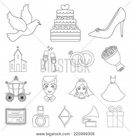 Wedding and Attributes outline icons in set collection for design.Newlyweds and Accessories vector symbol stock  illustration.
