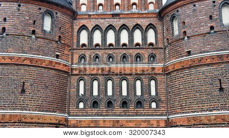 Scenic View Of Part Of Holsten Gate Or Holstentor In Old Town, Beautiful Architecture, Close Up, Lub